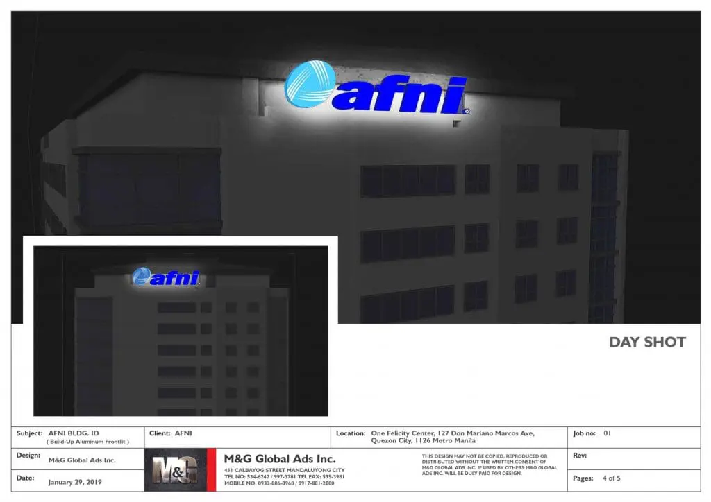 LED building signage for Afni client in Ortigas, blue and white illuminated sign at night by M&G Global Ads.