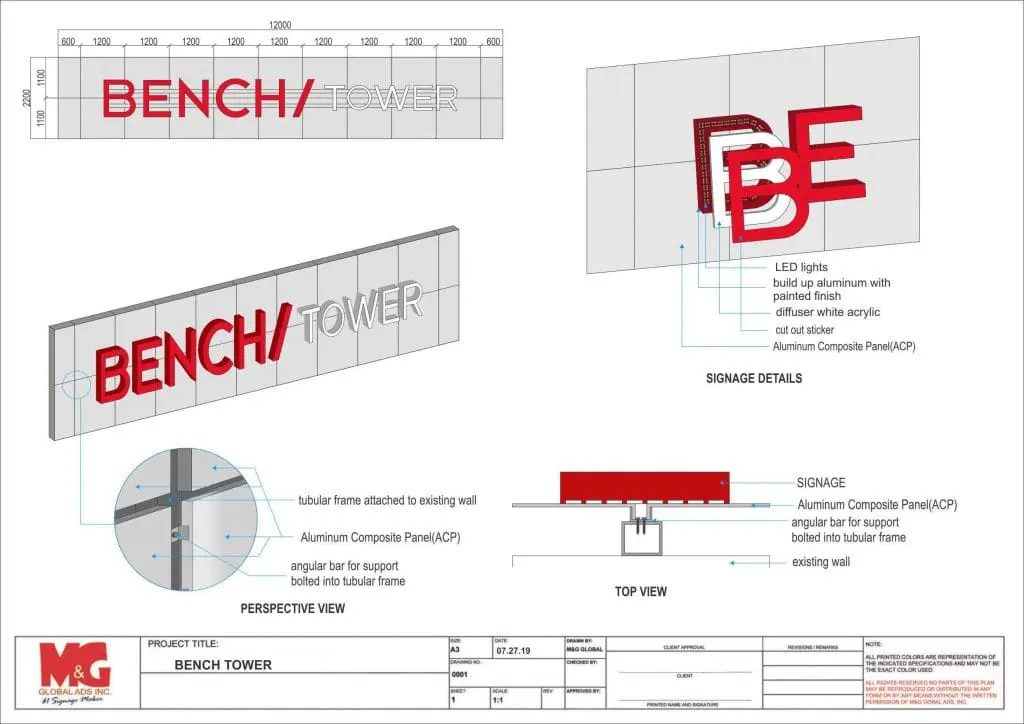 Acrylic building signage for BENCH/TOWER with LED specs in bold red and white, Ortigas architectural drawing by M&G Global Ads.