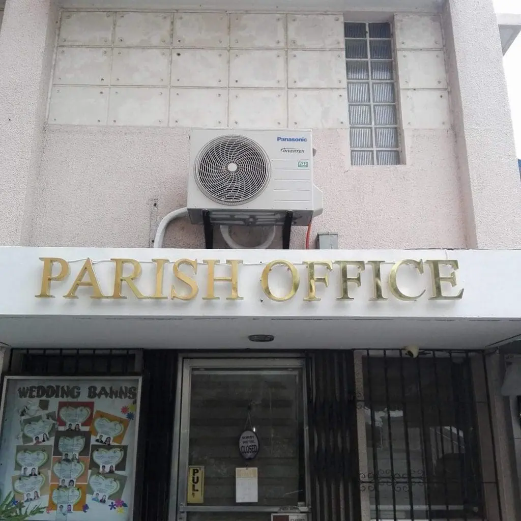 Acrylic PARISH OFFICE signage for church, notice board with wedding banns, exterior in Mandaluyong by M&G Global Ads.
