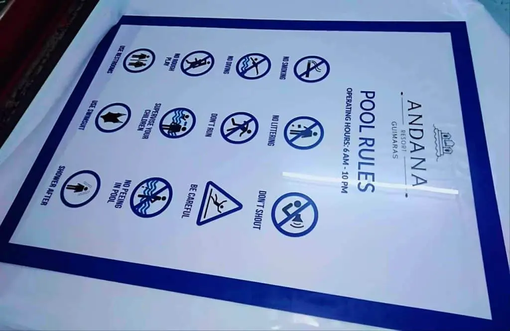 Pool rules photoluminescent and evacuation map signage for Andana, Guimaras in Makati: no diving, running, food; hours 6AM-10PM. by M&G Global Ads.