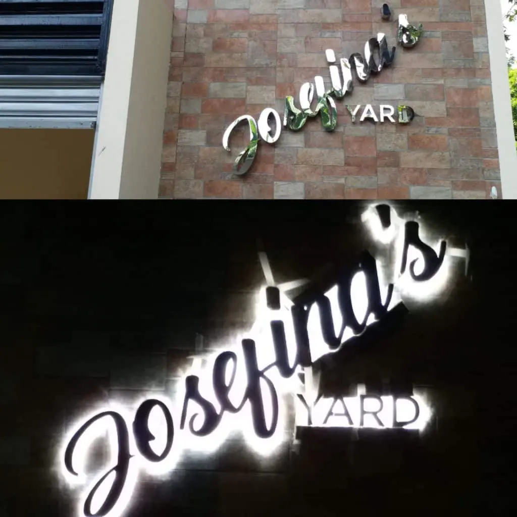 Outdoor LED signage for Josefinas YARD in cursive and block letters, day and night view, in Makati by M&G Global Ads.