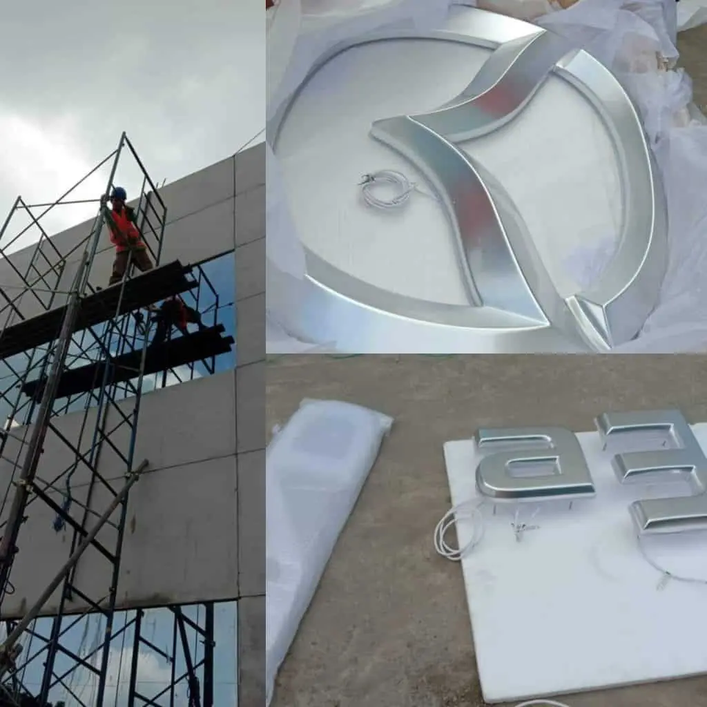 LED building signage installation with metallic logo pieces and 3D letters in Makati by M&G Global Ads.