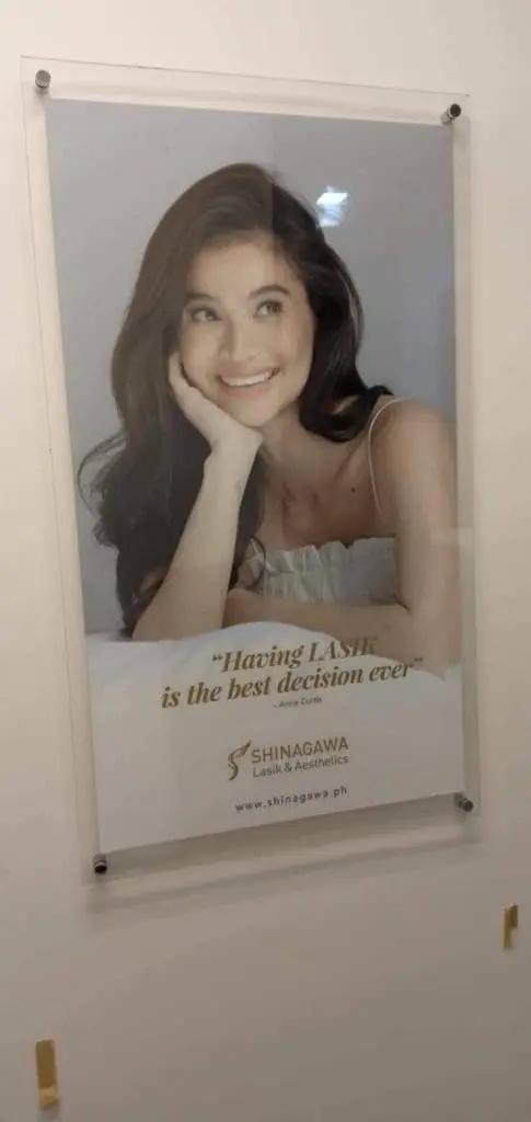 Acrylic signage for Shinagawa Lasik & Aesthetics in Ortigas, featuring Anne Curtis and her LASIK testimonial by M&G Global Ads.
