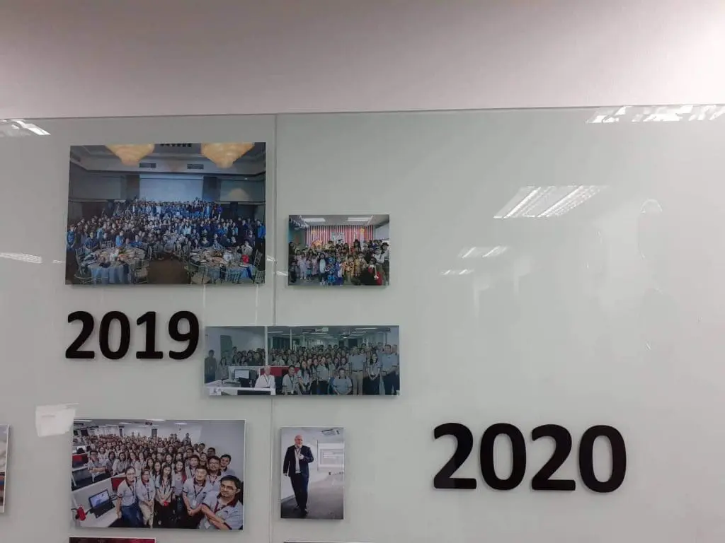 Acrylic wall signage with group photos for 2019 and 2020, white background, installed in Makati by M&G Global Ads.