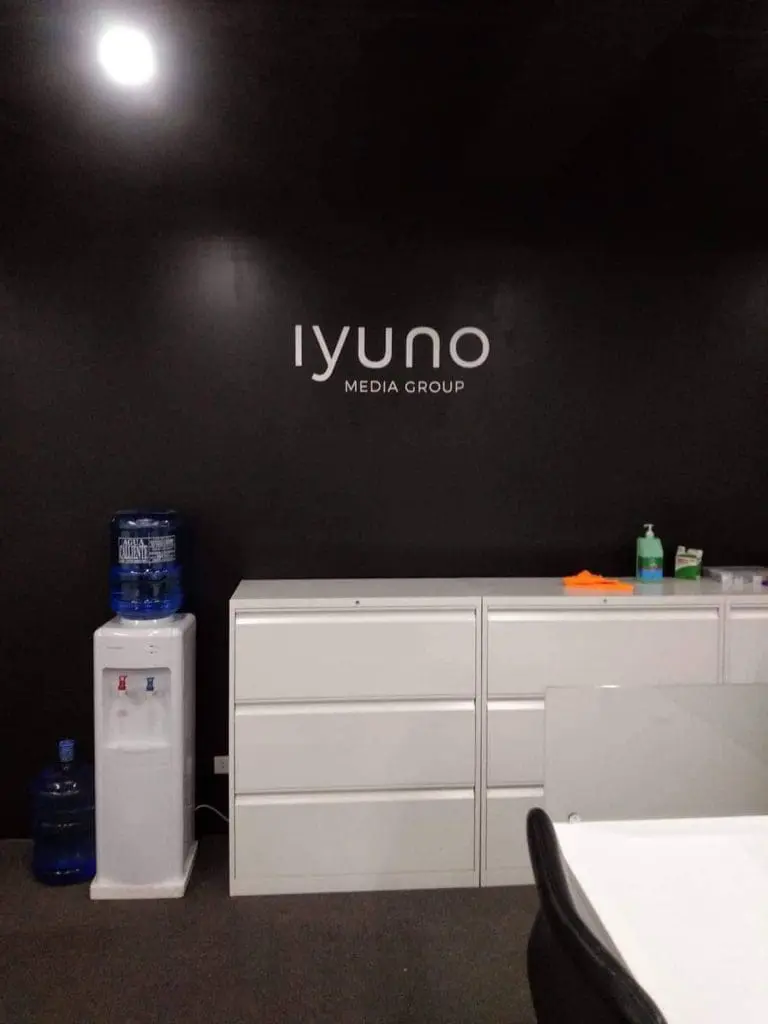 LED signage for iyuno Media Group in an office space, Makati—logo wall by M&G Global Ads.