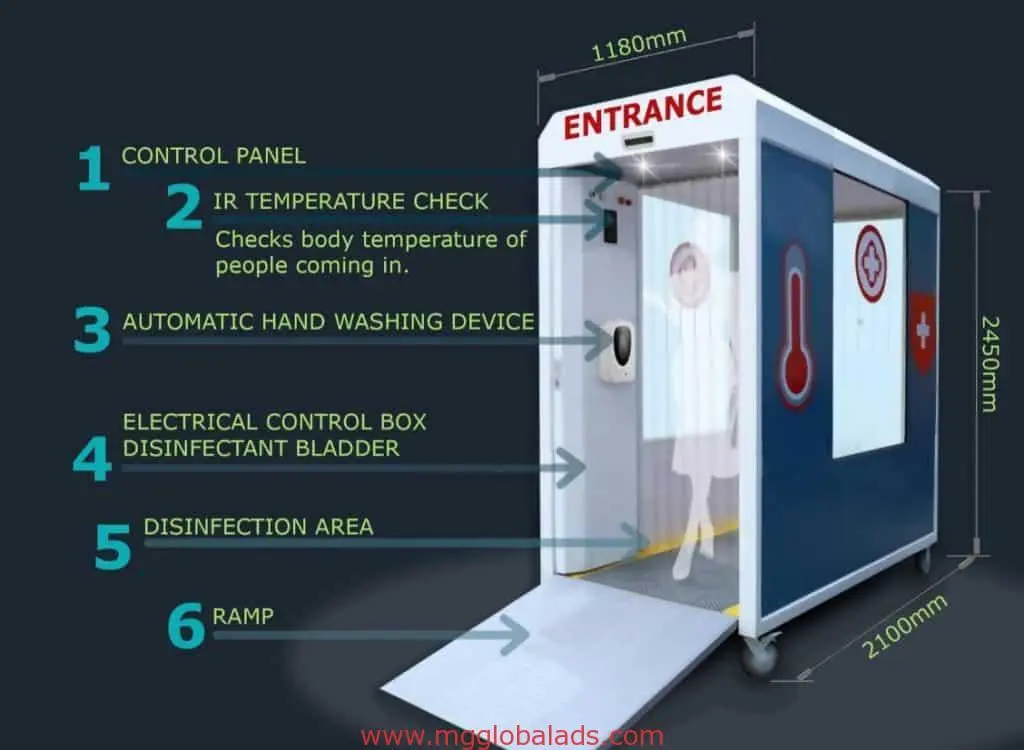 Walk-through sanitization booth diagram with metallic signage in Quezon City; labeled features and dimensions by M&G Global Ads.