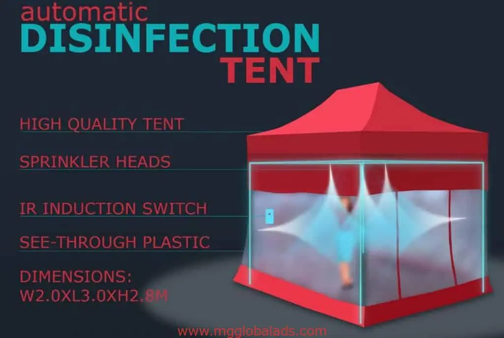 Automatic disinfection tent signage with metallic sign in Makati, see-through sides, IR induction—by M&G Global Ads.
