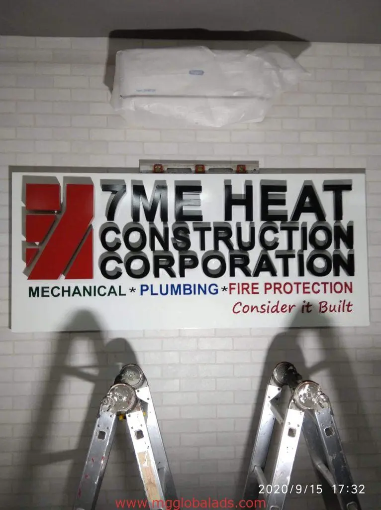 Metallic building signage for 7ME Heat Construction Corporation in Makati, logo and slogan, by M&G Global Ads.