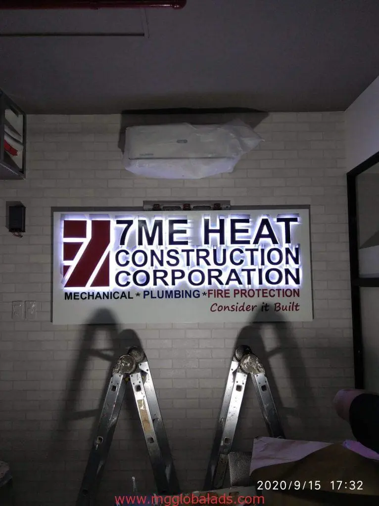 Illuminated indoor signage for 7ME HEAT CONSTRUCTION, two ladders, Ortigas location by M&G Global Ads.