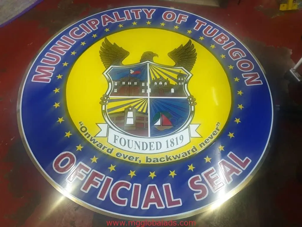Municipality of Tubigon LED signage seal, eagle, shield, stars, motto in Makati by M&G Global Ads.