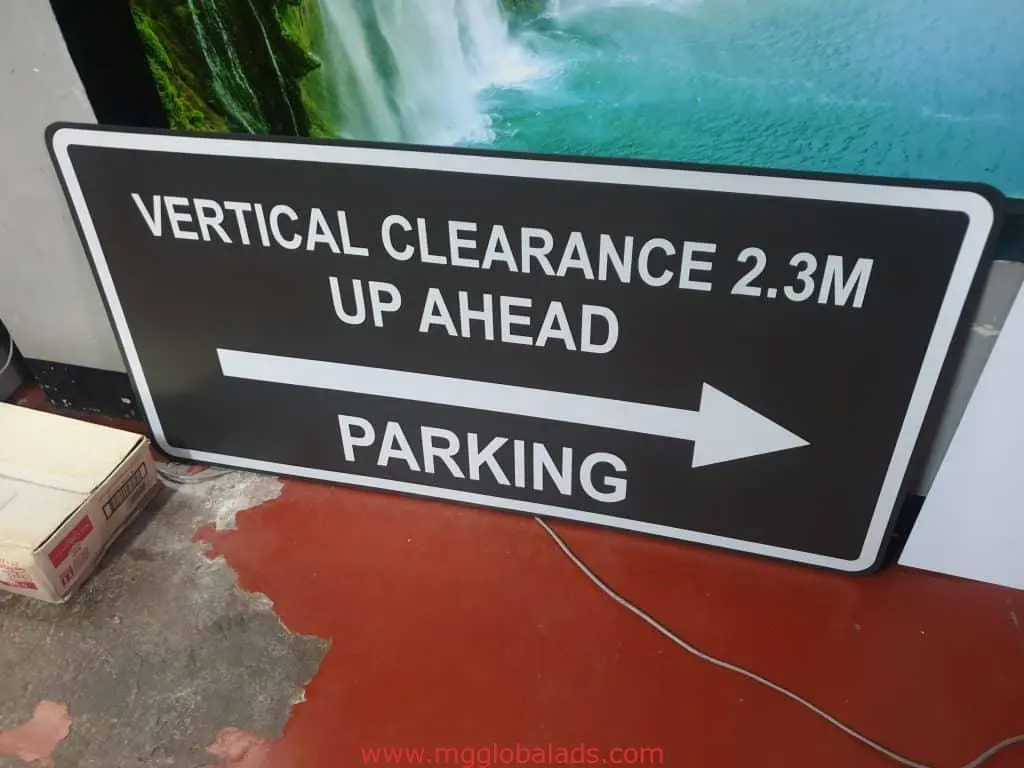 Indoor parking clearance signage, VERTICAL CLEARANCE 2.3M, with arrow in Mandaluyong by M&G Global Ads.