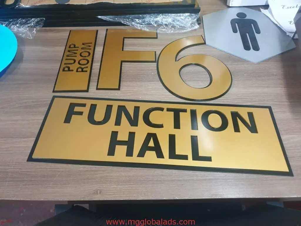 Gold and black acrylic indoor office signage for FUNCTION HALL, PUMP ROOM, F6 in a Makati venue, by M&G Global Ads.