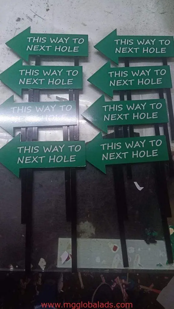 Golf course metallic directional arrow signs, THIS WAY TO NEXT HOLE, Makati location signage by M&G Global Ads.