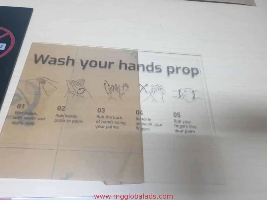 Indoor safety signage featuring handwashing instructions with five steps at a Mandaluyong location by M&G Global Ads.