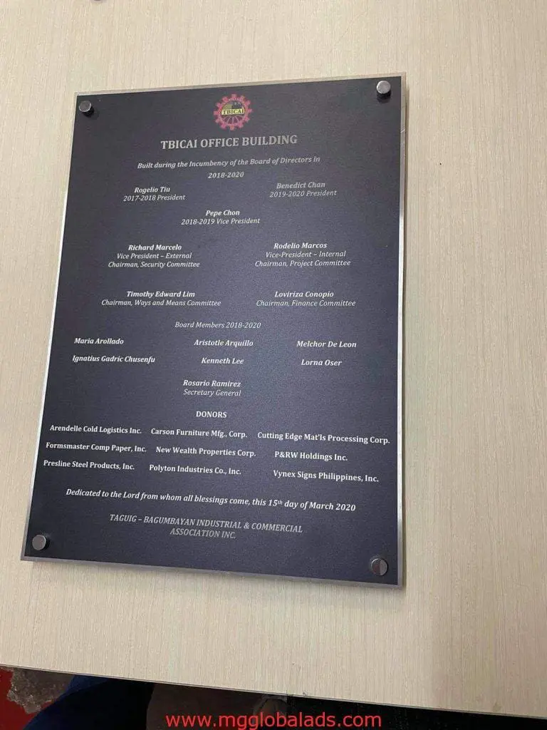 Indoor metal stainless engrave plaque signage for TBICAI Office Building, board & donors, Ortigas location, by M&G Global Ads.