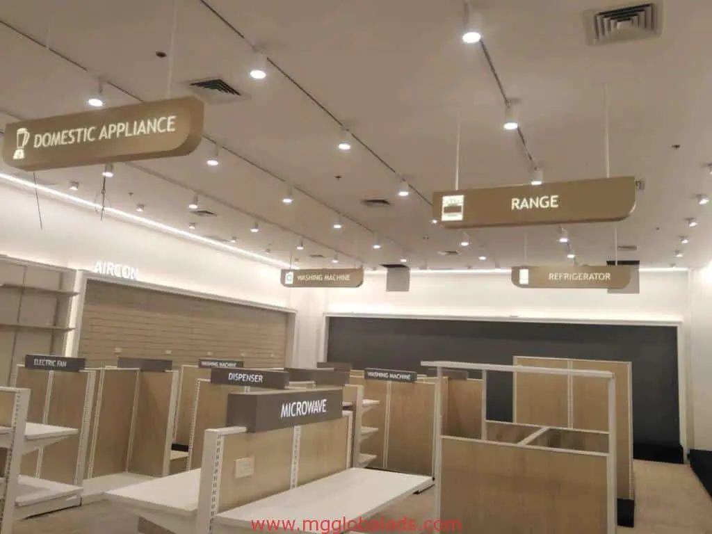 Hanging LED signage at an appliance store in Ortigas showing Domestic Appliance, Range, Aircon. by M&G Global Ads.