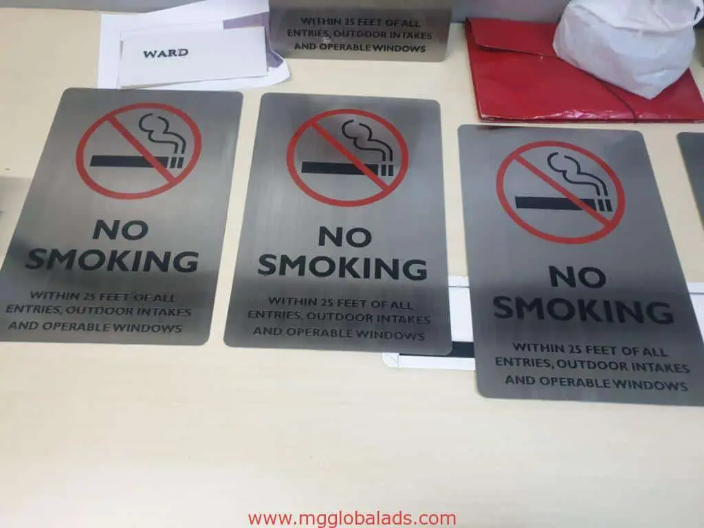 Acrylic NO SMOKING signs for building signage, perfect for offices in Mandaluyong, by M&G Global Ads.