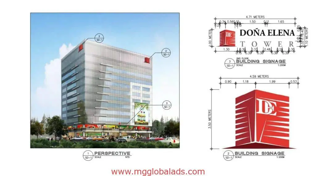 Doña Elena Tower in Makati with metallic logo signage by M&G Global Ads, modern retail space and greenery, mgglobalads.com.
