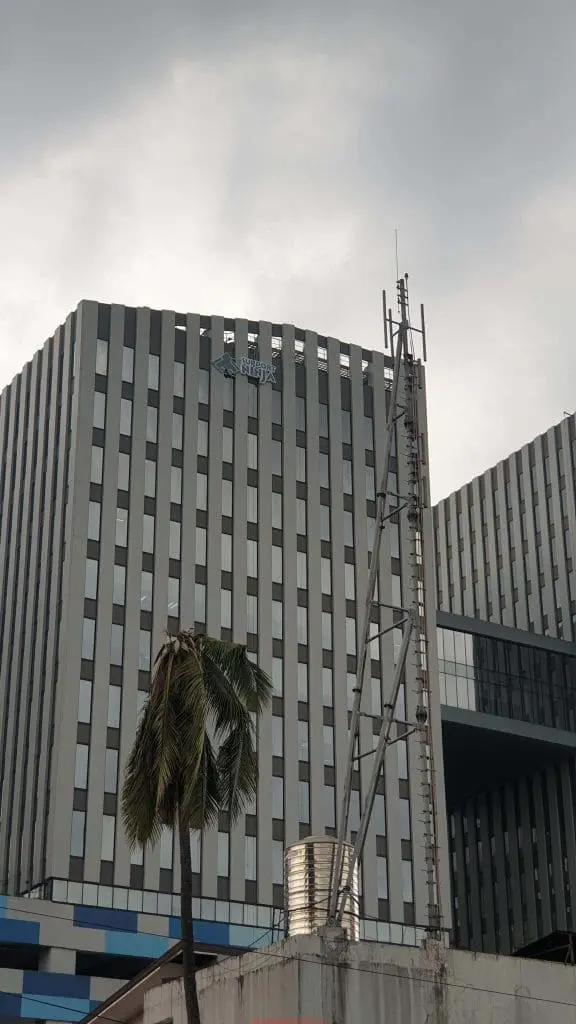 WeWork metallic building signage on a modern office in BGC, Metro Manila, by M&G Global Ads. Palm tree and antenna in foreground.