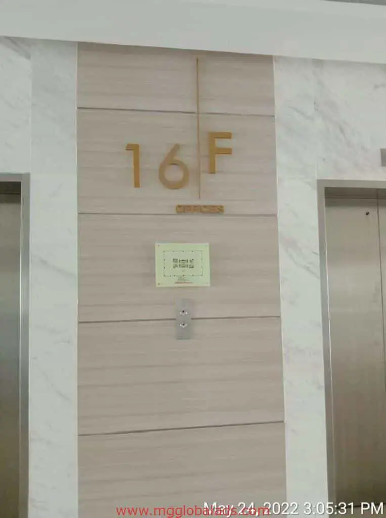 Metallic office signage and elevator doors, 16F Offices, Makati location, by M&G Global Ads.