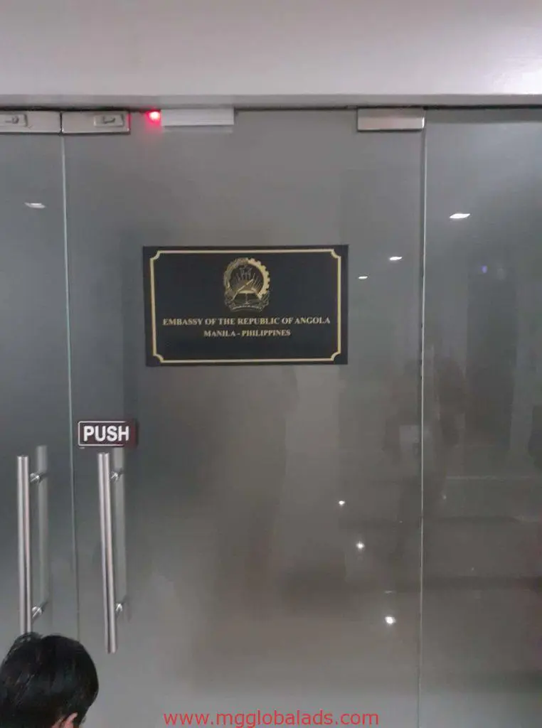 Embassy of the Republic of Angola outdoor acrylic signage, glass doors in Makati, PUSH sign by M&G Global Ads.