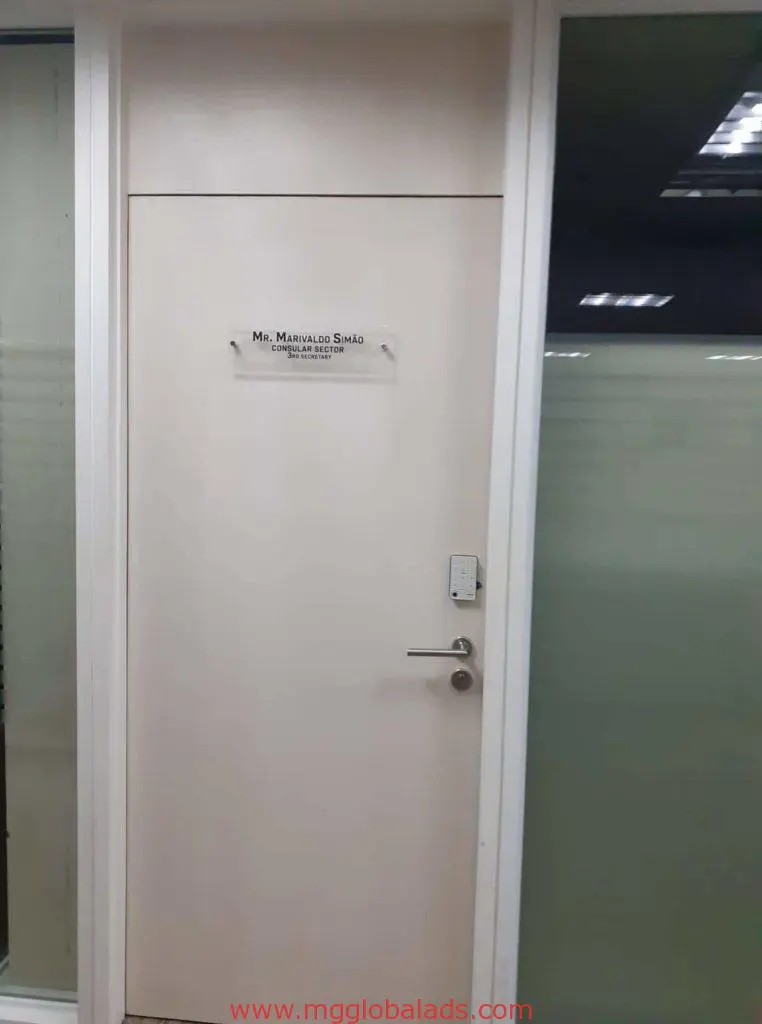 Executive Director office metallic door signage for Mr. Mayvaldo Simão in Makati, white door with keypad by M&G Global Ads.