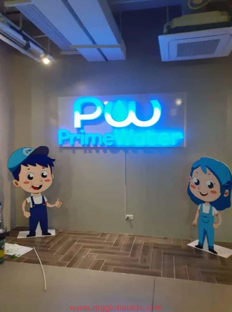 PrimeWater indoor metallic neon signage with cartoon mascots in office, Quezon City. Sign by M&G Global Ads.