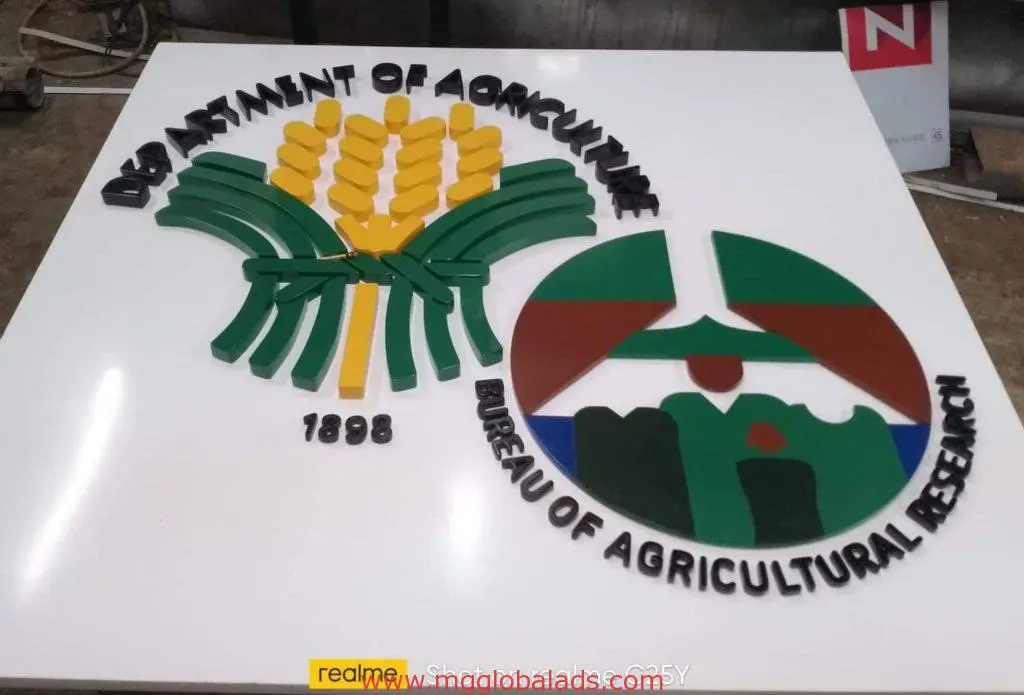 3D acrylic signage Department of Agriculture Bureau of Agricultural Research in Quezon City, logo design by M&G Global Ads.