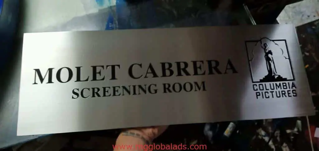 Indoor stainless engrave signage for Columbia Pictures MOLET CABRERA SCREENING ROOM in Quezon City by M&G Global Ads.