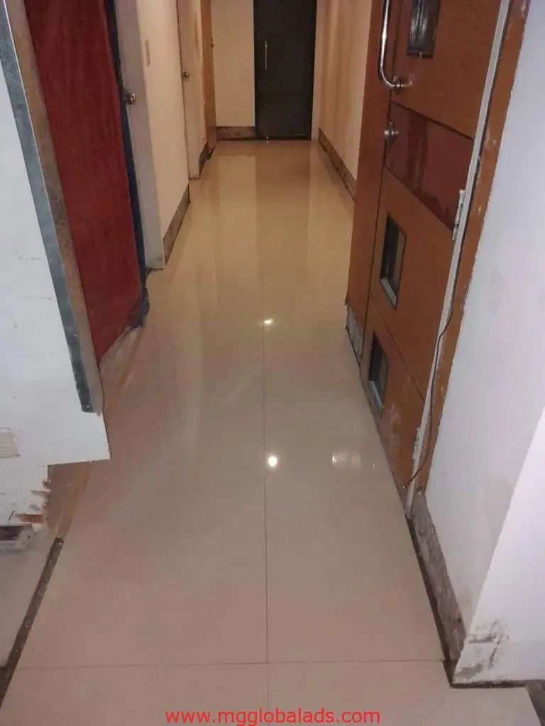 Metal door signage in a clean corridor, beige tiles, white walls, Ortigas office interior hallway by M&G Global Ads.