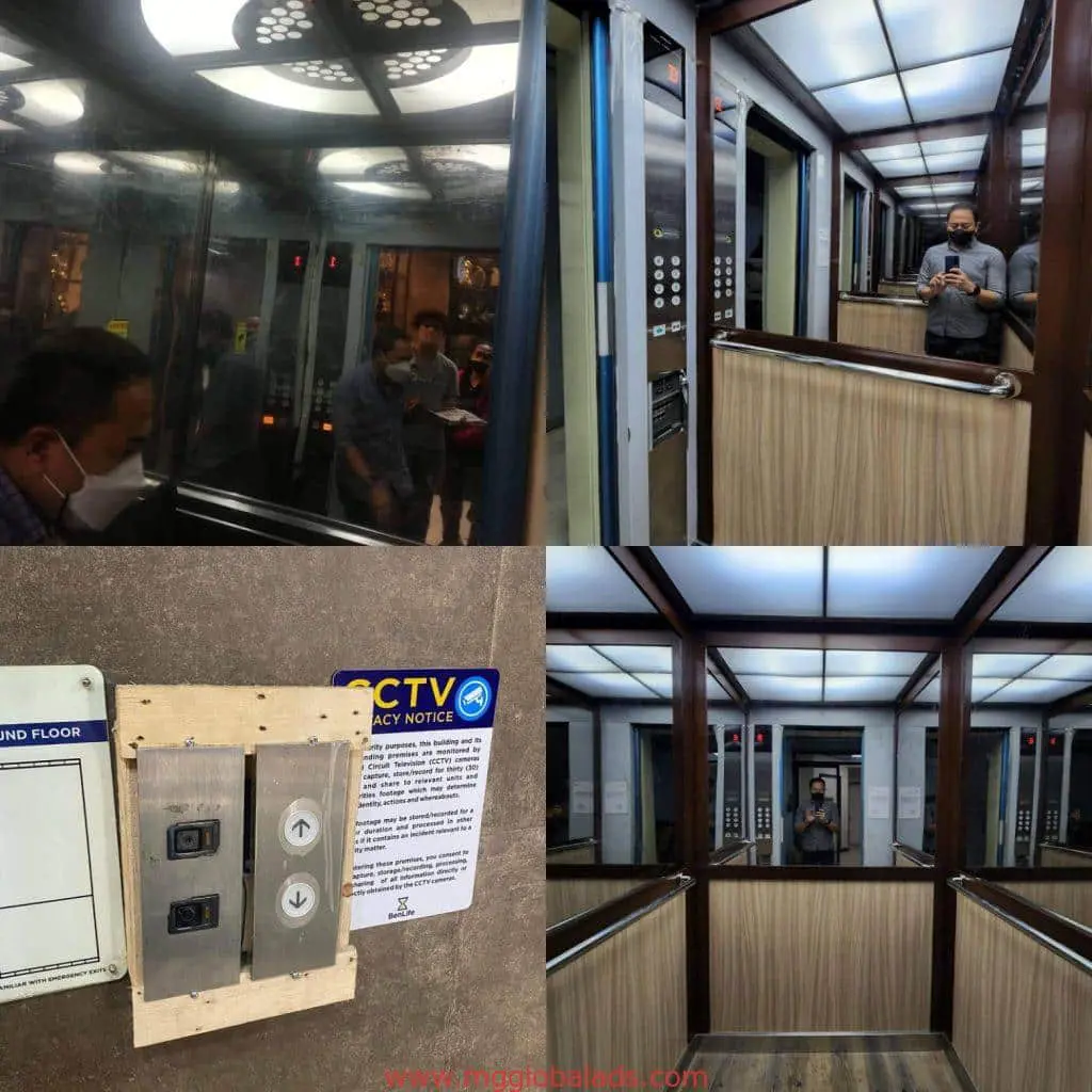 LED elevator signage for commercial building, close-ups in Makati with wood paneling and CCTV notice, by M&G Global Ads.