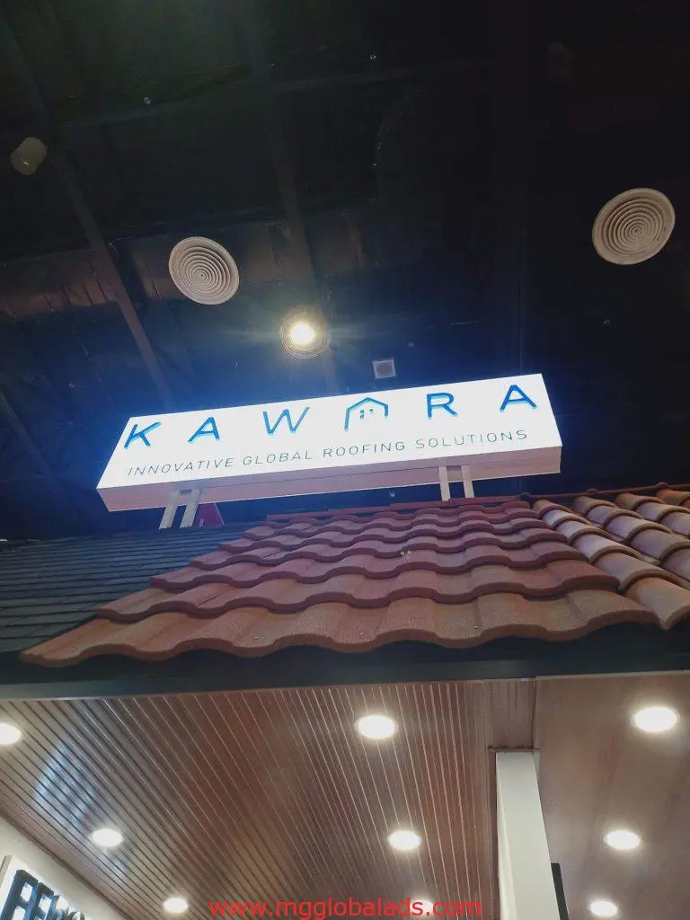 Lighted metallic showroom signage for Kawara Innovative Global Roofing Solutions in Makati, display and ceiling by M&G Global Ads.