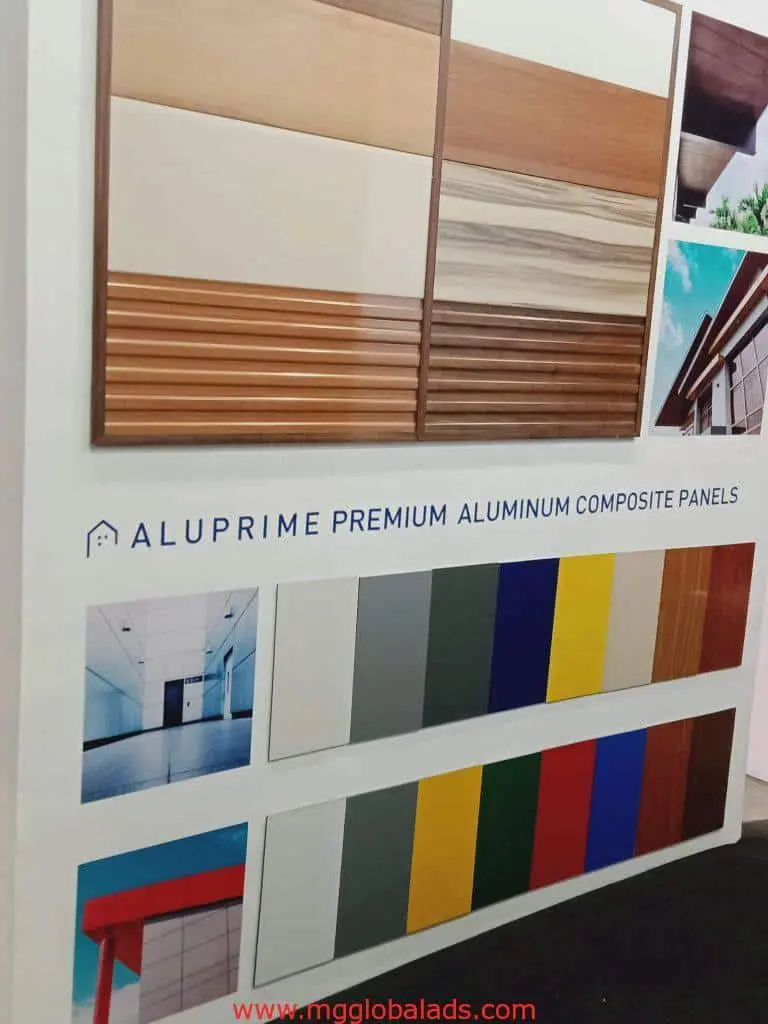 Aluminum composite panel signage in wood, solid, and metallic finishes for outdoor use in Makati by M&G Global Ads.