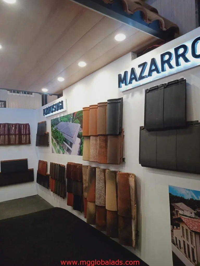 MAZARRO illuminated LED signage for showroom client in Quezon City, roof tiles display wall by M&G Global Ads.