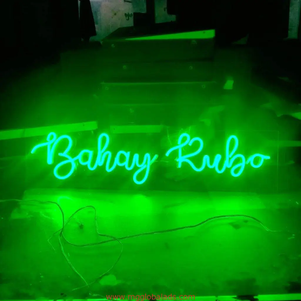 LED neon signage Bahay Kubo in bright green cursive for restaurant, indoor setup in Makati, by M&G Global Ads.
