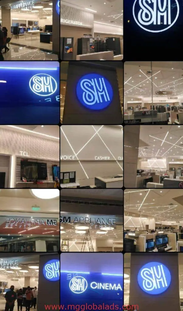 SM Appliance Center LED signage, logo signs, CASHIER and CINEMA store signs in Makati interior collage by M&G Global Ads.
