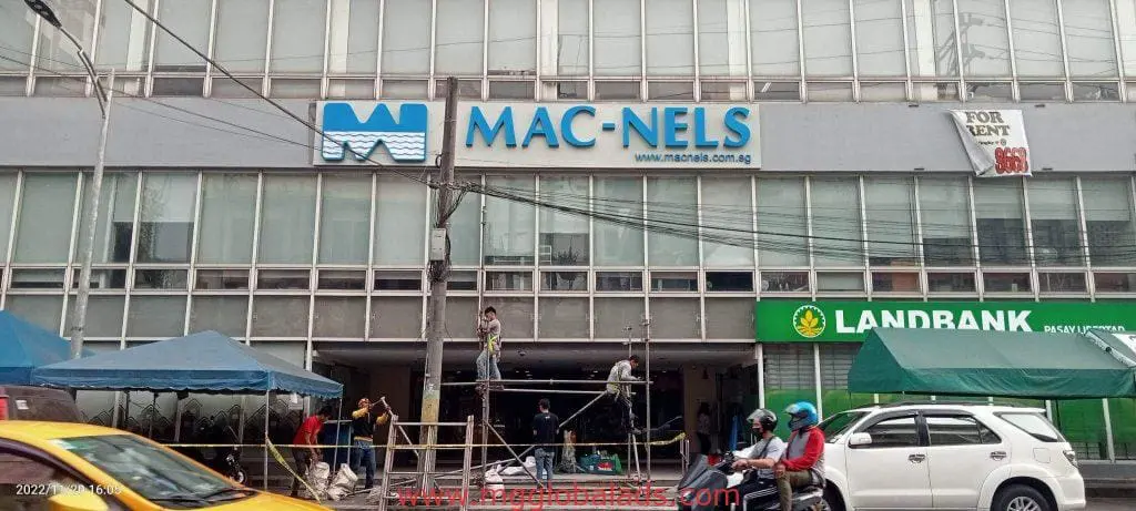 LED signage for MAC-NELS, For Rent acrylic sign, and Landbank branch in Mandaluyong, busy street—by M&G Global Ads.