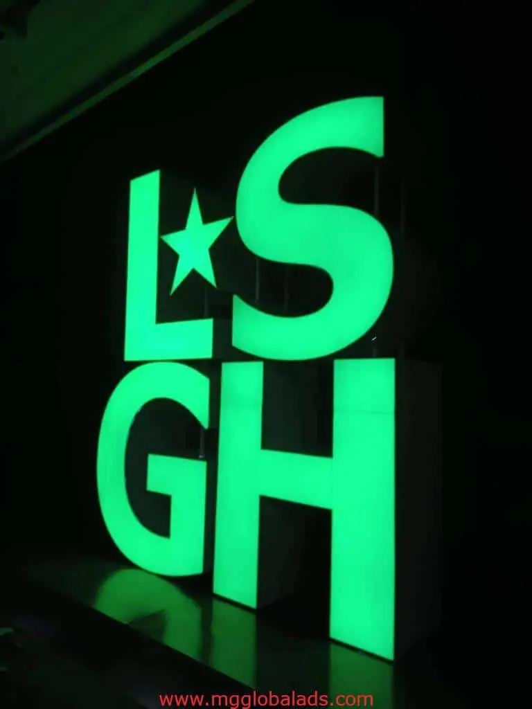 LSGH illuminated indoor signage with star, modern metallic design in Mandaluyong, large green letters by M&G Global Ads.