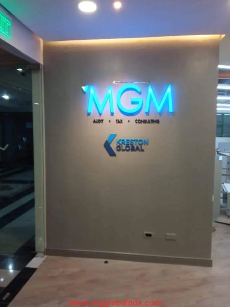 Illuminated blue LED office signage for MGM, Audit • Tax • Consulting, Kreston Global in Makati by M&G Global Ads.