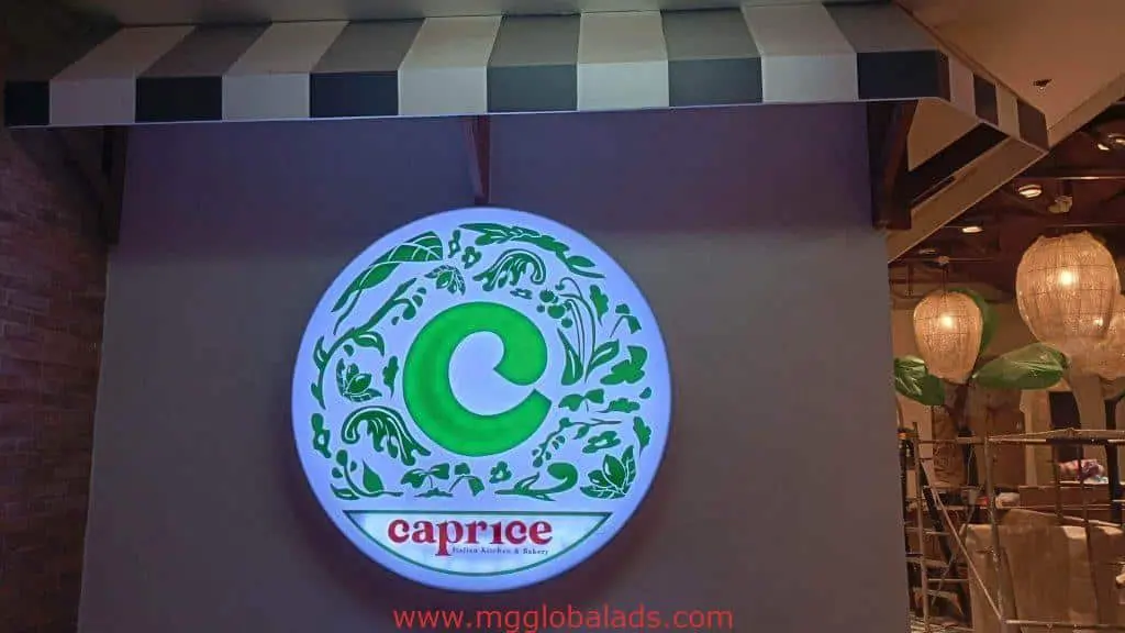 Illuminated acrylic restaurant signage for Caprice, Italian Kitchen & Happy in BGC by M&G Global Ads.