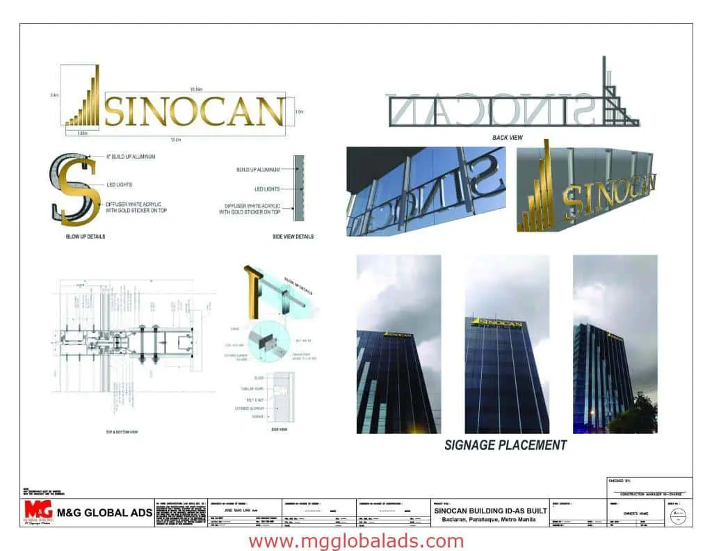 LED building signage for SINOCAN client with design specs on glass skyscraper in Makati, by M&G Global Ads.