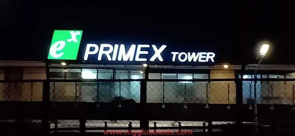 PRIMEX TOWER illuminated outdoor building signage in Ortigas with green ex square, night view—by M&G Global Ads.