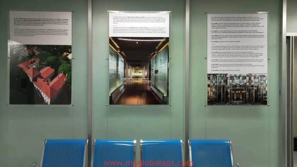 Building signage posters for client, featuring aerial view, hallway, and facade, displayed in Makati by M&G Global Ads.