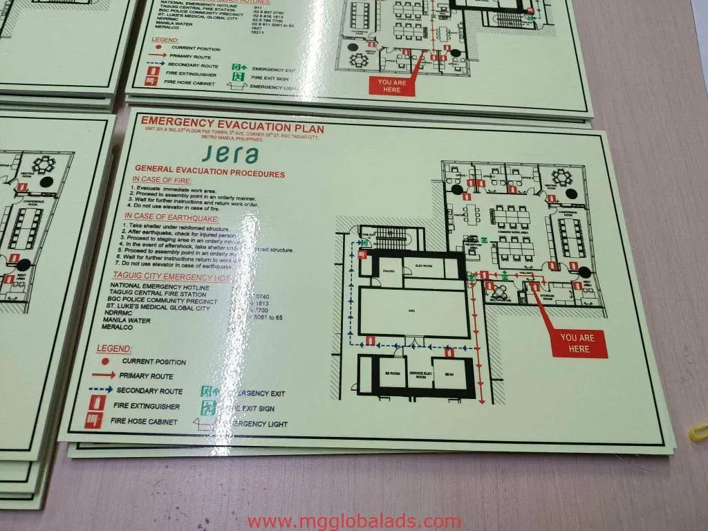Emergency evacuation plan indoor signage for Jera in Makati showing exits, equipment, map, and safety tips by M&G Global Ads.