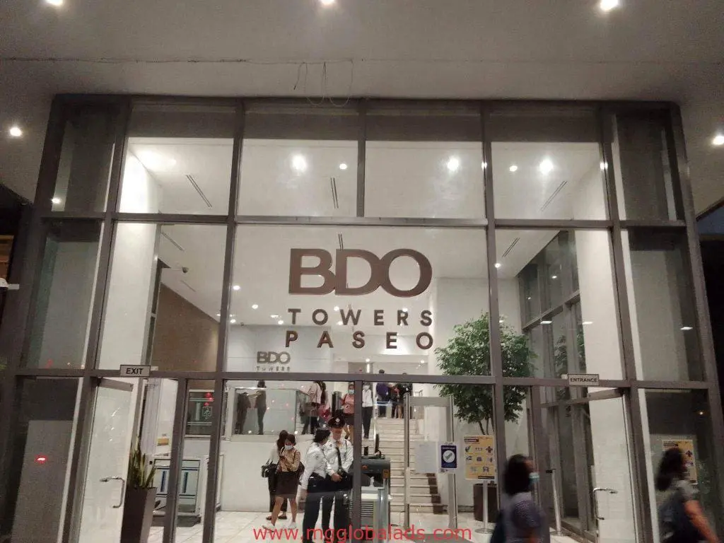 BDO Towers Paseo LED acrylic signage with glass doors, BDO logo, lobby, in Makati by M&G Global Ads.