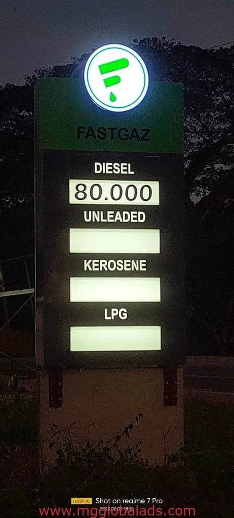 FASTGAZ LED fuel price signage in Makati with Diesel at 80.000, Unleaded, Kerosene, LPG. Outdoor shot. By M&G Global Ads.