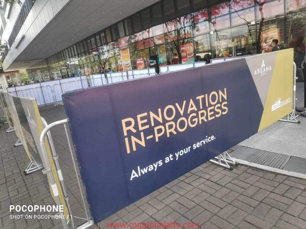 Modern metallic outdoor signage for Renovation In-Progress project at Mandaluyong site, by M&G Global Ads.
