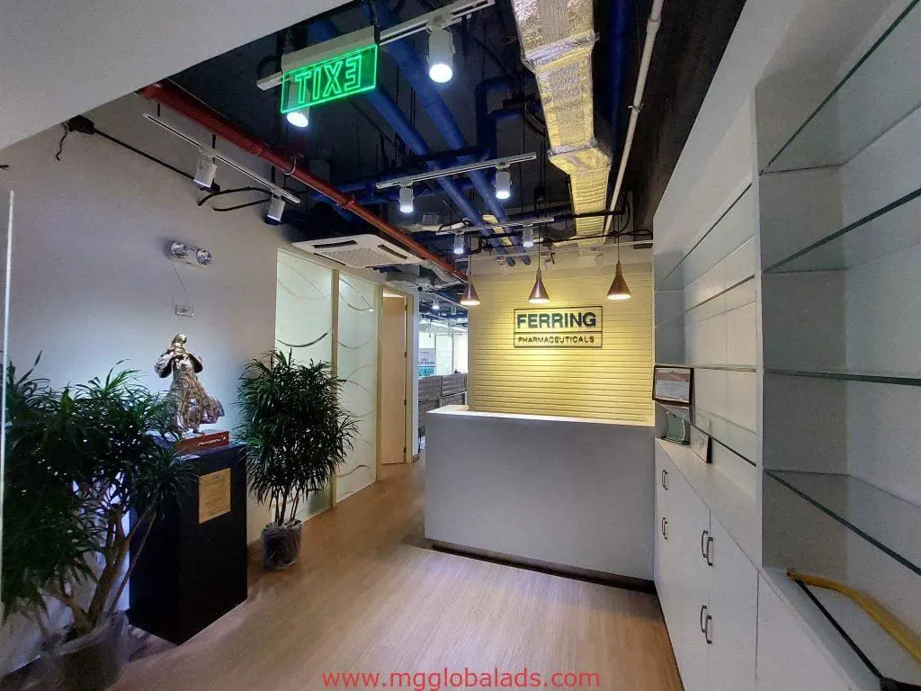 FERRING PHARMACEUTICALS LED signage in modern office reception, decorative accents, Makati location by M&G Global Ads.