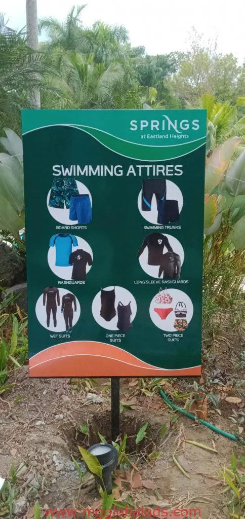 Acrylic Swimming Attires signage for Eastland Heights in Quezon City shows allowed swimwear images and names by M&G Global Ads.
