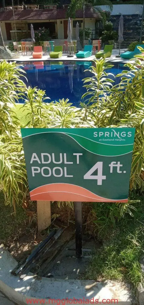 Outdoor building signage for Springs at Eastland Heights pool in Quezon City, blue water, chairs, greenery by M&G Global Ads.